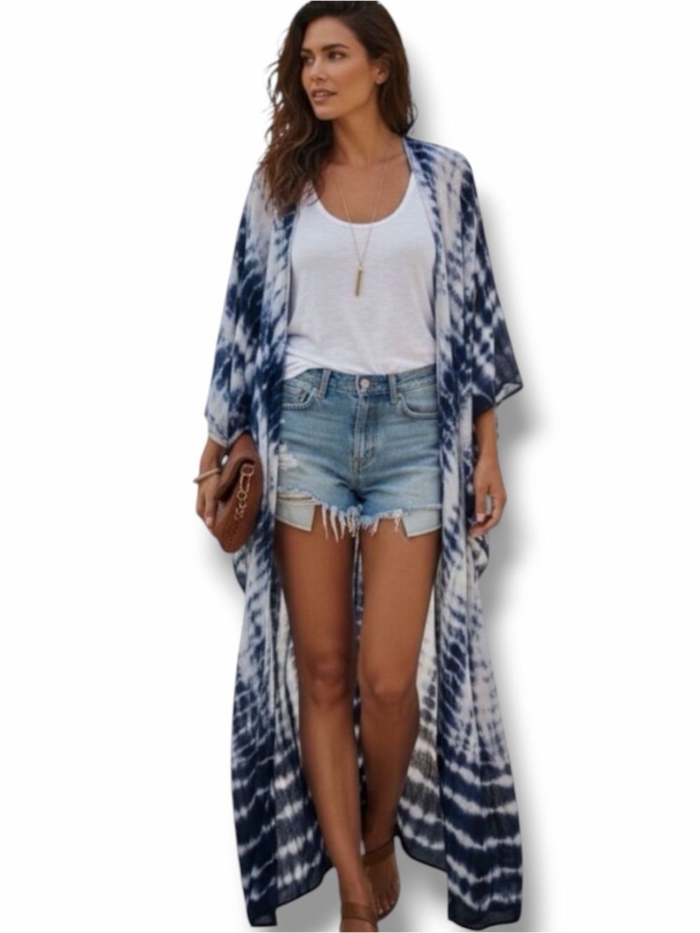 Blue & White Tie Dye Long Flowy Kimono Robe Coverups OSFM